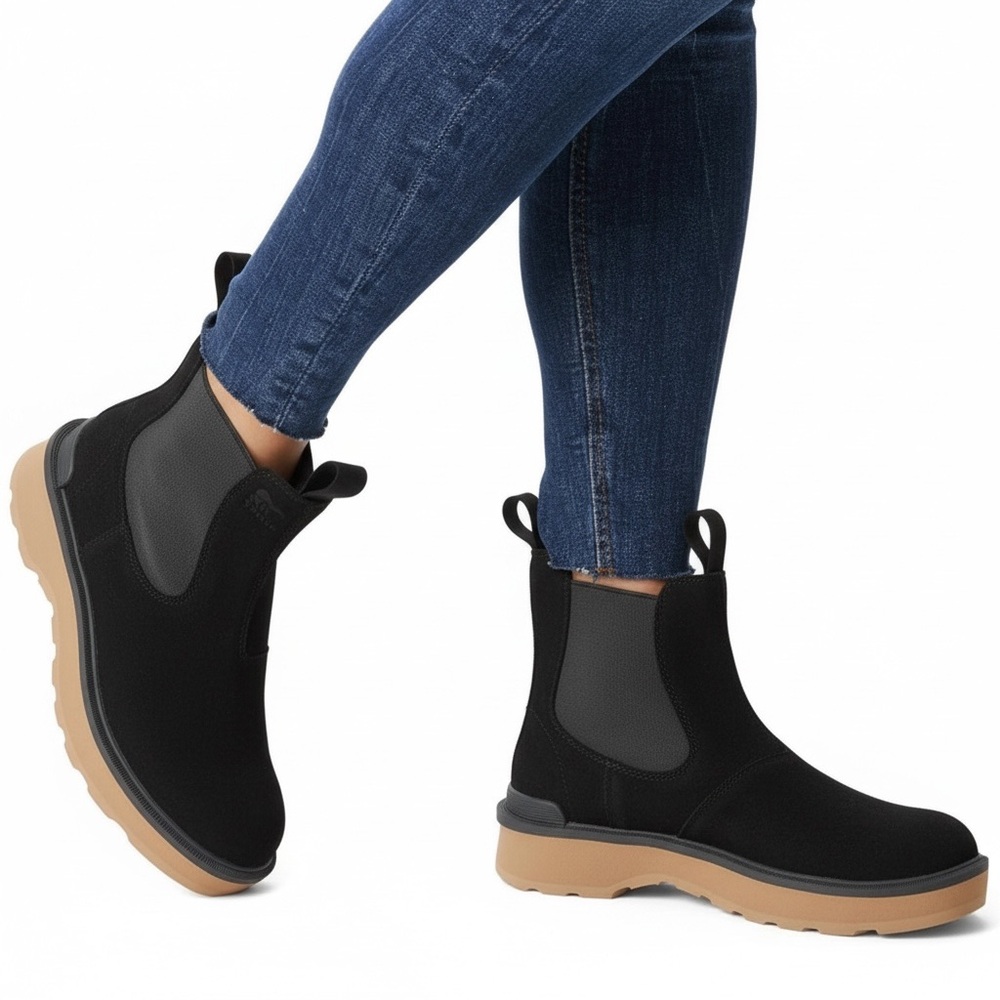 Sorel Black Chelsea Winter Boots with Tan Sole
